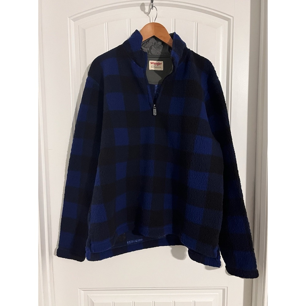 New! WRANGLER MENS  1/4 ZIP FLEECE JACKET SHIRT Blue‎ Buffalo Plaid Large